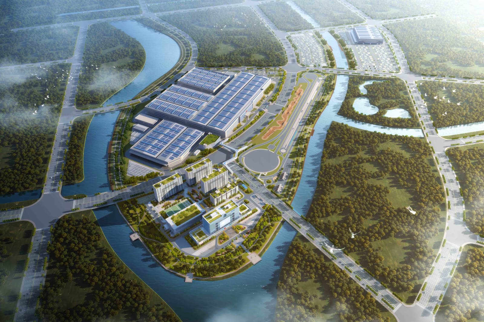 Aerial view of the QJMOTOR manufacturing campus and test facilities